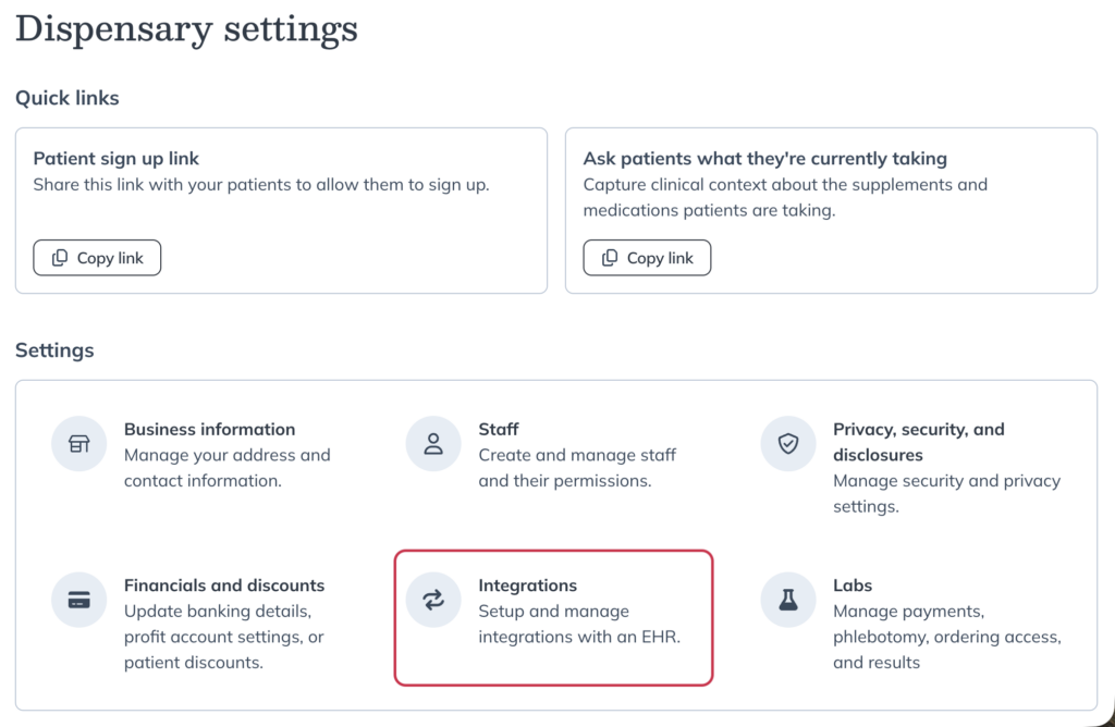 The Dispensary settings page with the Integrations menu option selected.
